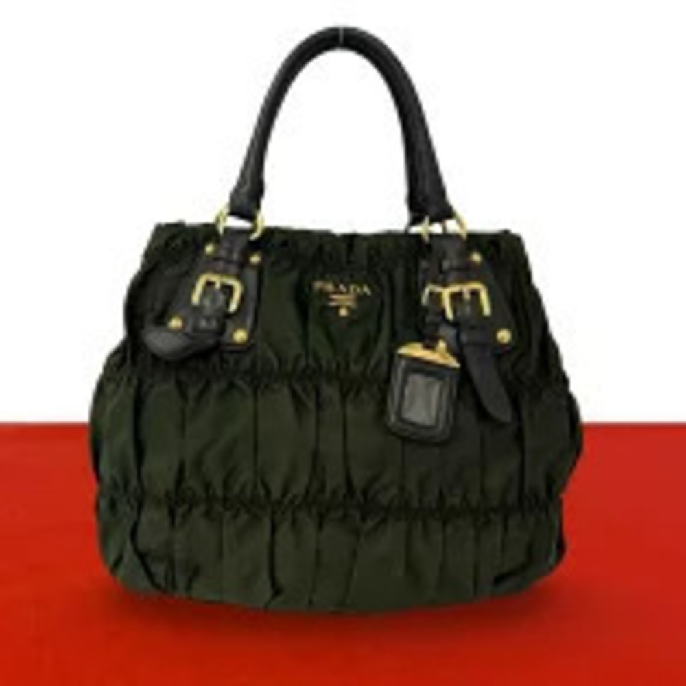 Prada Tessuto Gathered Leather Tote Bag Khaki Green Brown